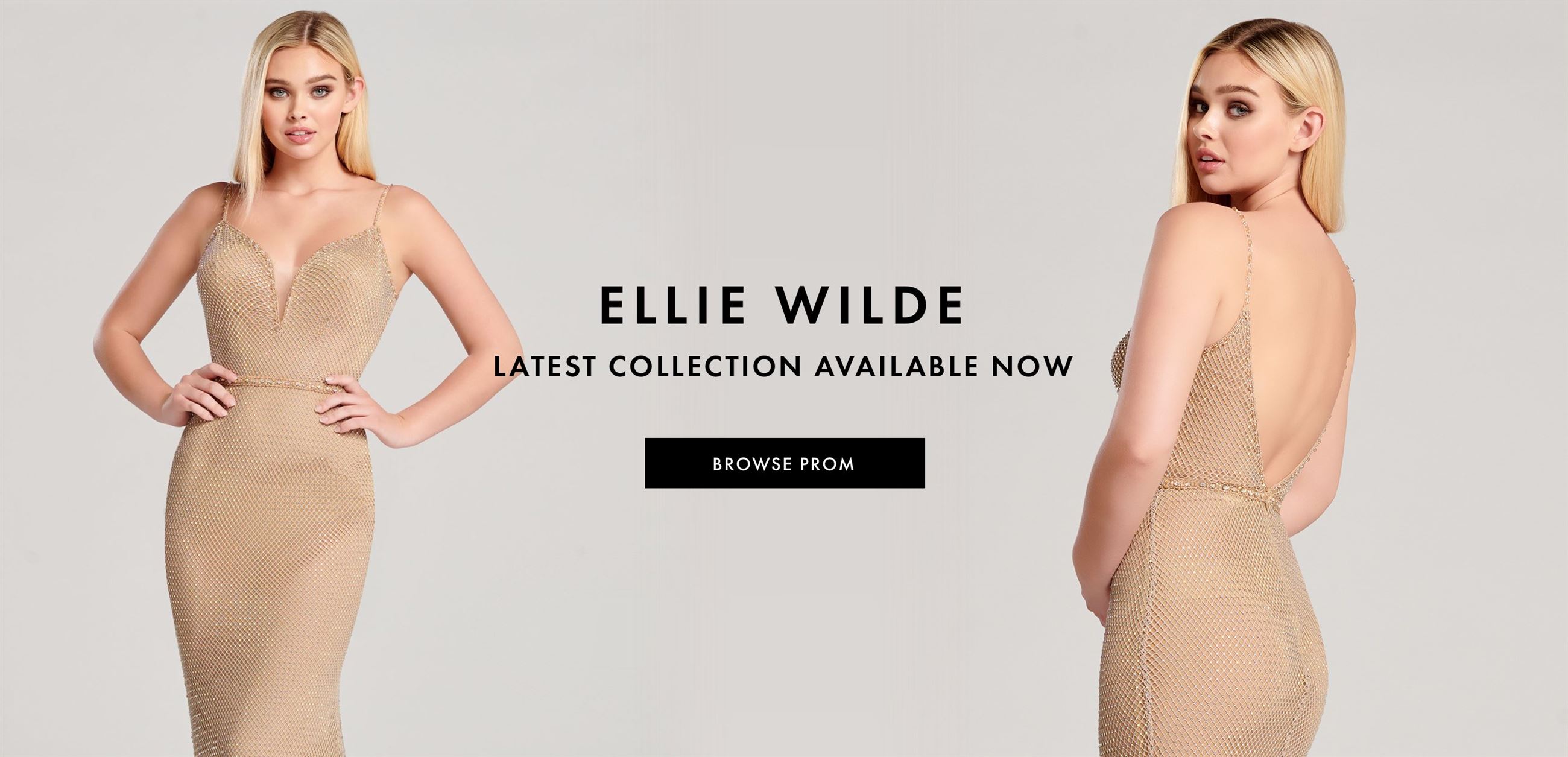 Model in nude-colored Ellie Wilde dress