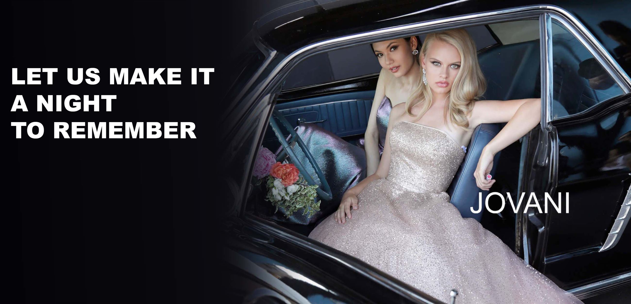 Two models in Jovani dresses sitting in a car